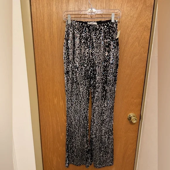 Sz0–2 no boundaries high rise sequine flare pants black/ silver new with tags - Picture 1 of 7